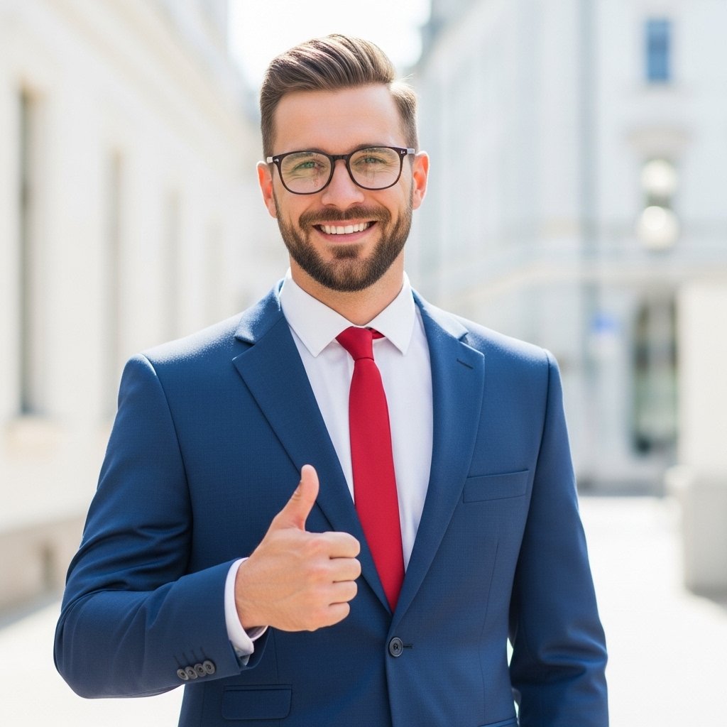 Professional man in a suit giving a thumbs-up gesture outdoors