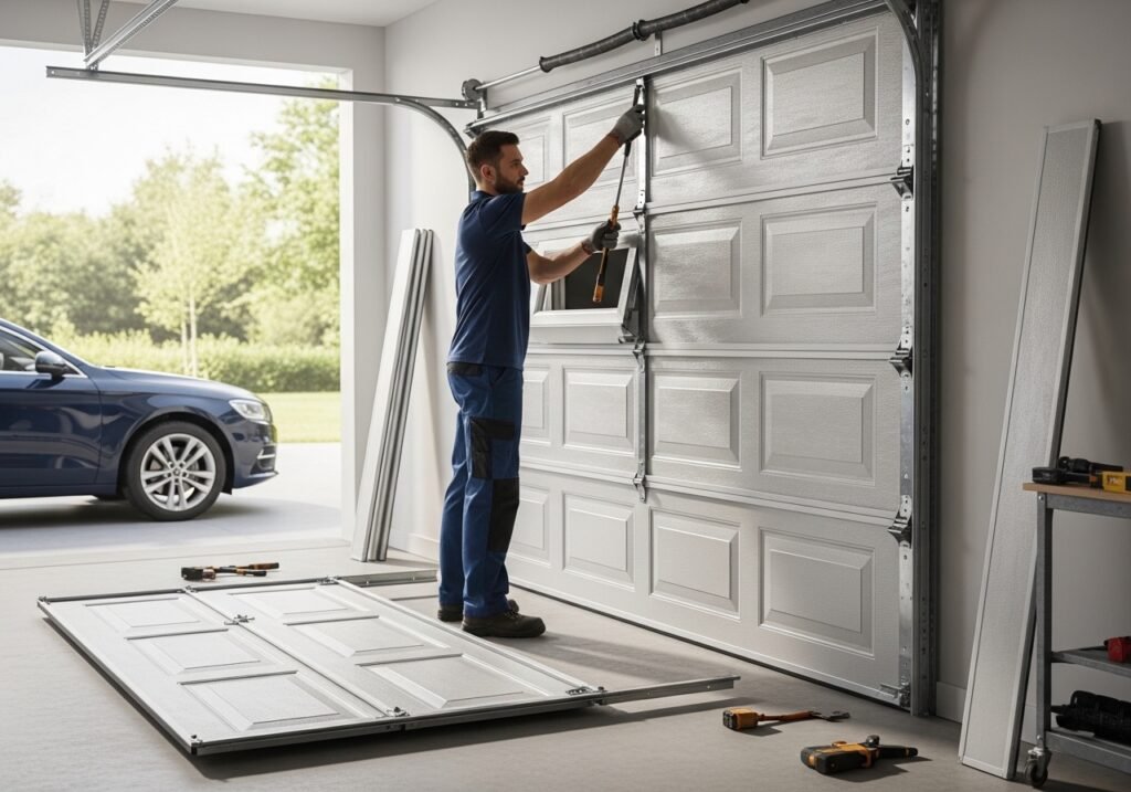 A professional technician in a navy blue uniform installing a new modern garage door during a garage door replacement service at a clean residential garage.