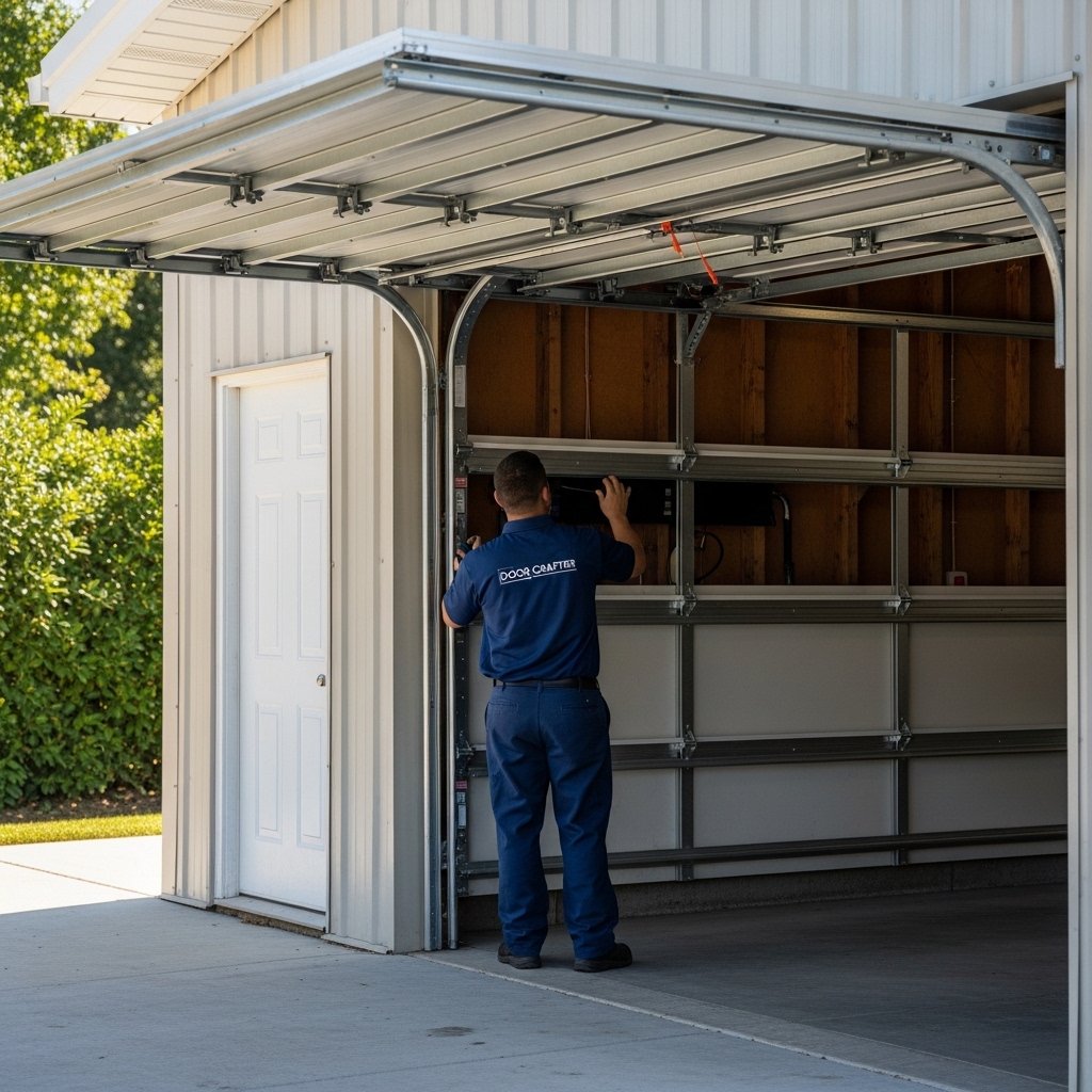 Garage door technician in full navy blue uniform performing routine maintenance on a large garage door