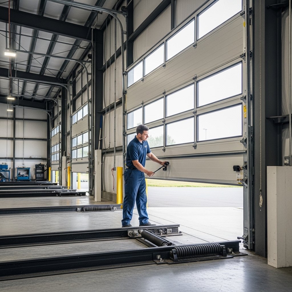 A photorealistic image of a garage door technician performing maintenance inside a large commercial-style garage with a tall, wide sectional garage door designed for trucks or multiple vehicles. The garage interior is spacious, with high ceilings, exposed metal beams, and heavy-duty garage door tracks and springs clearly visible. The technician is inspecting the garage door rollers and alignment, focused and professional. The technician is wearing a full navy blue uniform (navy blue shirt and navy blue pants), no gloves, no helmet. Clean concrete floor, industrial yet organized environment. Soft natural daylight entering from the open garage space, realistic shadows. No text overlays, no captions, no logos added by AI, no watermarks. Ultra-realistic, high-resolution, professional commercial photography style.