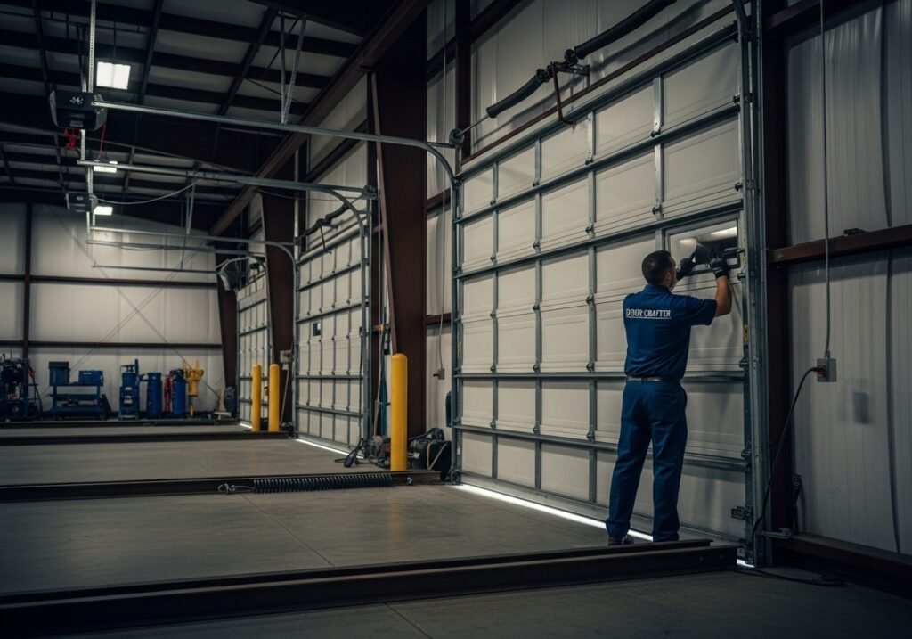 Garage door technician in full navy blue uniform performing emergency repair inside a large commercial garage