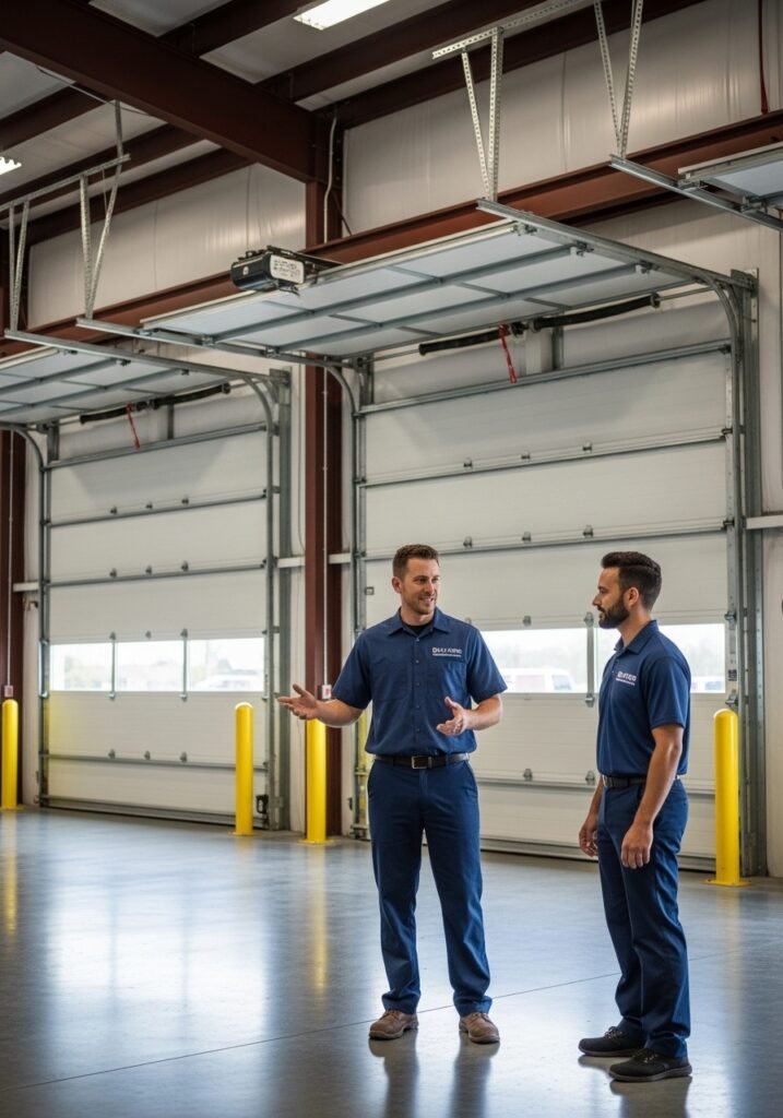 Garage door technician in a large commercial garage explaining service details to a customer