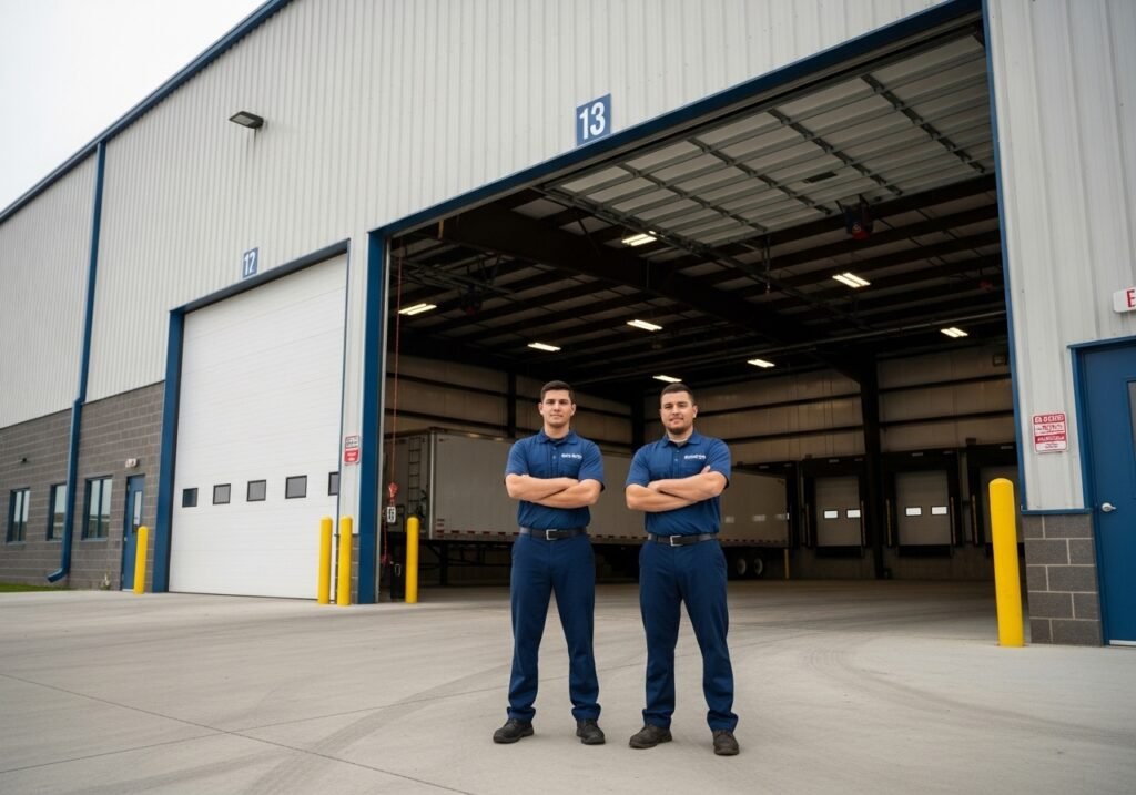 Garage door technicians in full navy blue uniforms standing in front of a large commercial garage in Columbus, Ohio