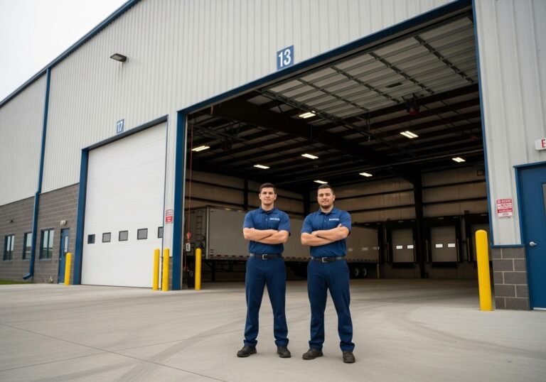 Garage door technicians in full navy blue uniforms standing in front of a large commercial garage in Columbus, Ohio
