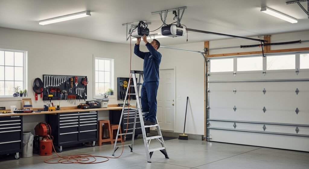 Professional technician in a navy blue uniform repairing a garage door opener inside a large residential garage in Columbus, Ohio.