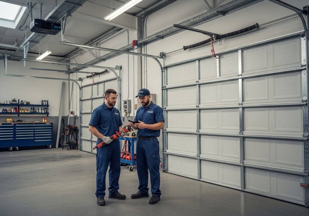 Door Crafter garage door technicians in navy blue uniforms standing inside a large, clean garage, representing a professional and reliable garage door company.