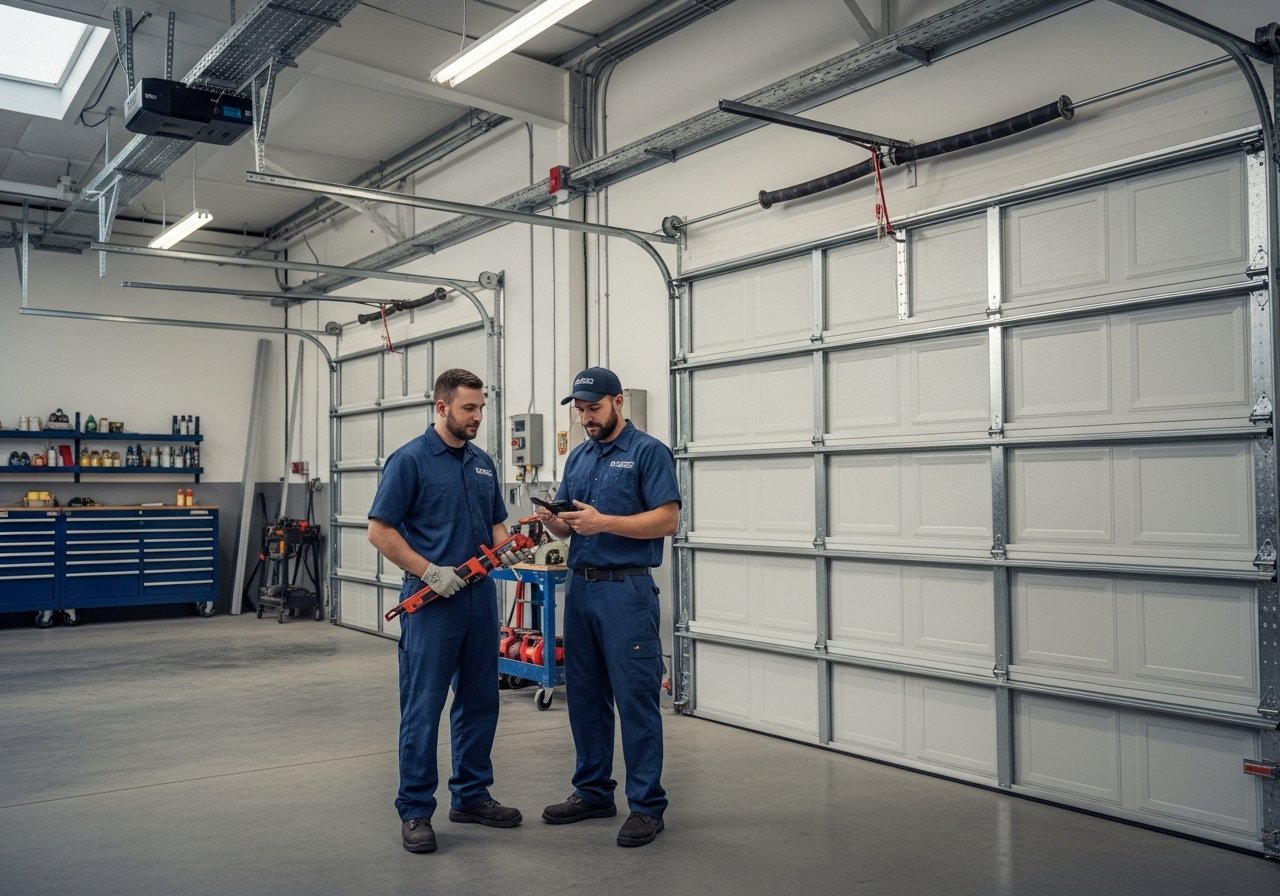 Door Crafter garage door technicians in navy blue uniforms standing inside a large, clean garage, representing a professional and reliable garage door company.