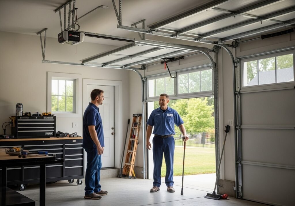 Navy blue uniformed Door Crafter technician inspecting a garage door in a large residential garage while assisting a Columbus homeowner.