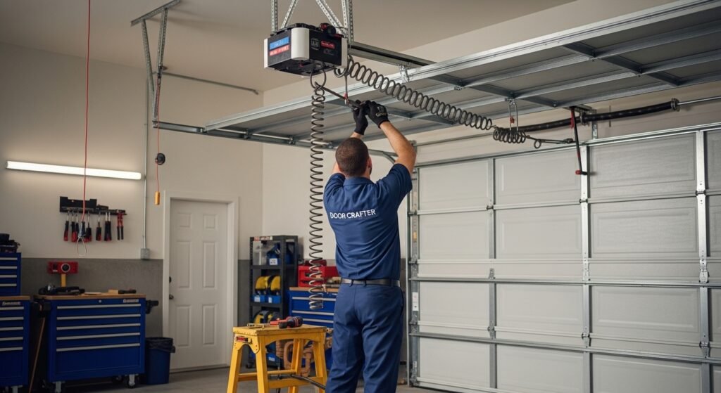 Door Crafter technician in a navy blue uniform replacing a garage door torsion spring inside a large, clean garage.
