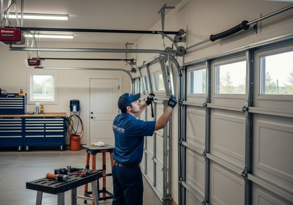Door Crafter technician in a navy blue uniform replacing a sectional garage door panel inside a large, clean garage.