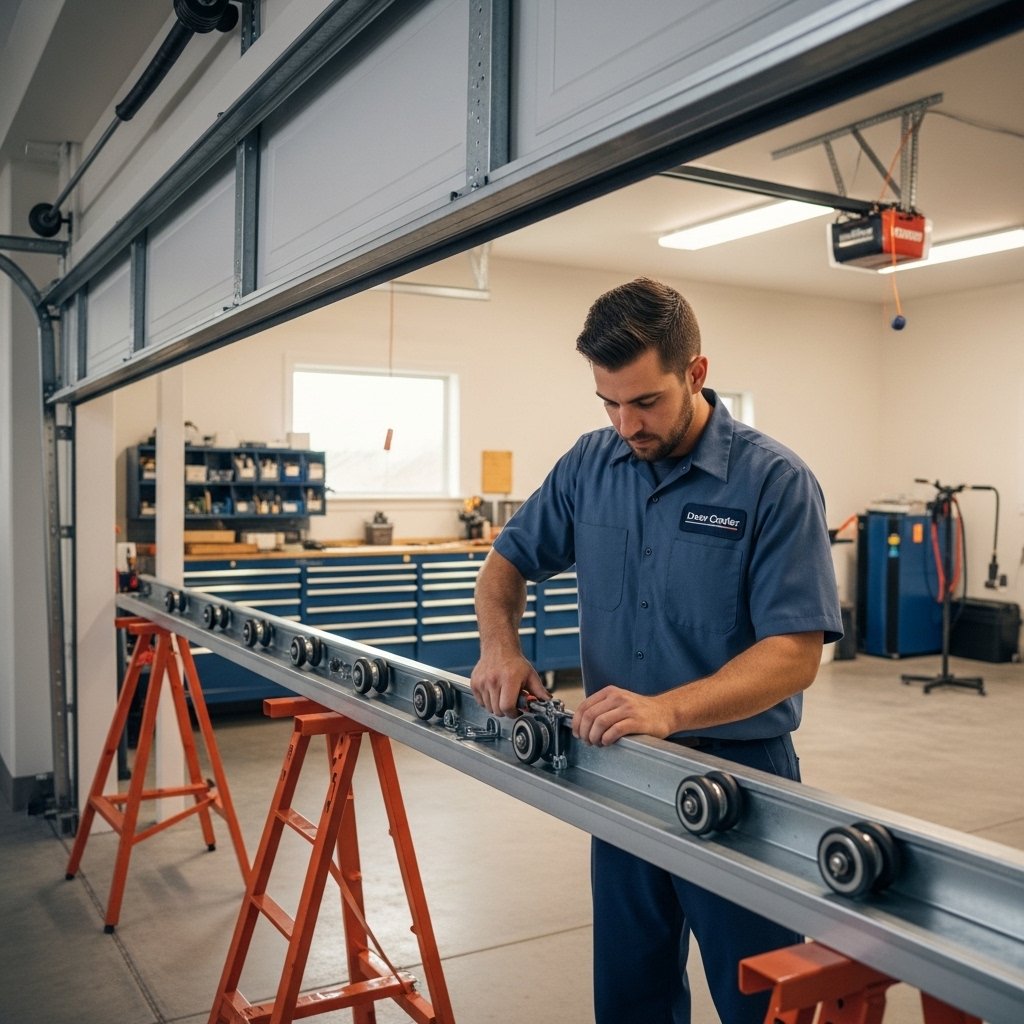 Door Crafter technician in a navy blue uniform replacing garage door rollers along the track inside a large, well-lit garage.