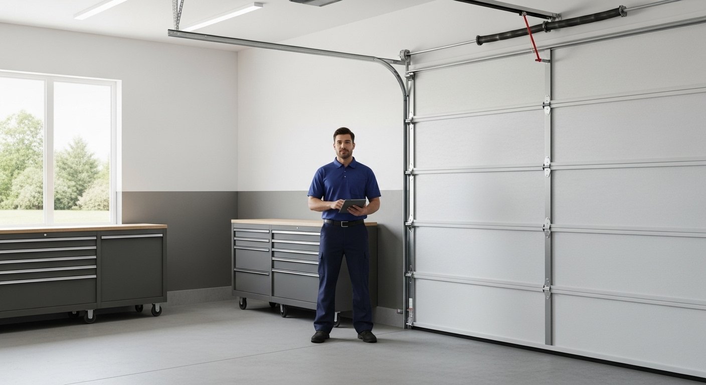 Garage door technician in a plain navy blue uniform standing inside a large, well-lit garage, representing service warranty and reliability.
