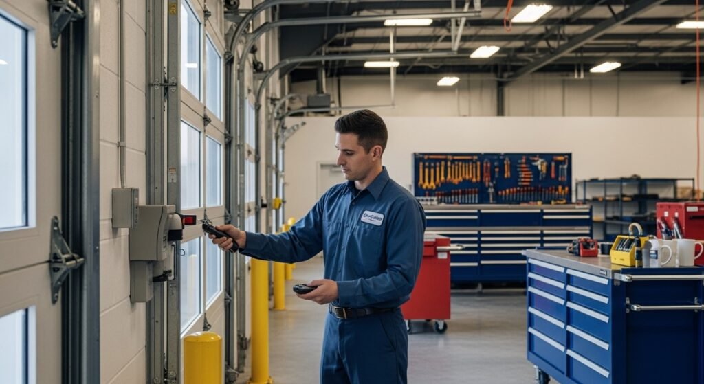 Door Crafter technician in a navy blue uniform testing commercial garage door sensors and remote controls inside a large industrial garage.
