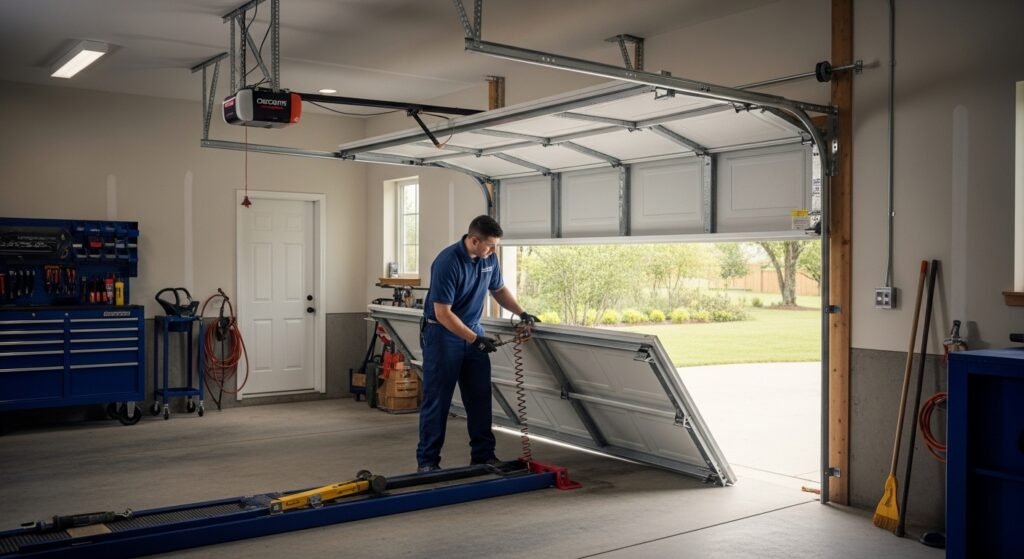 Door Crafter technician in a navy blue uniform inspecting a garage door stuck open inside a large residential garage in Columbus, Ohio.