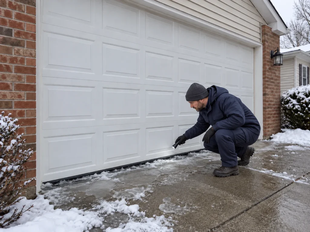 Garage door technician in a navy uniform inspecting ice along the bottom seal of a closed garage door.