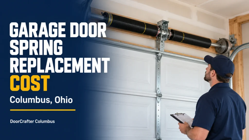 Technician inspecting torsion springs above a closed garage door, with text about spring replacement costs in Columbus, Ohio.
