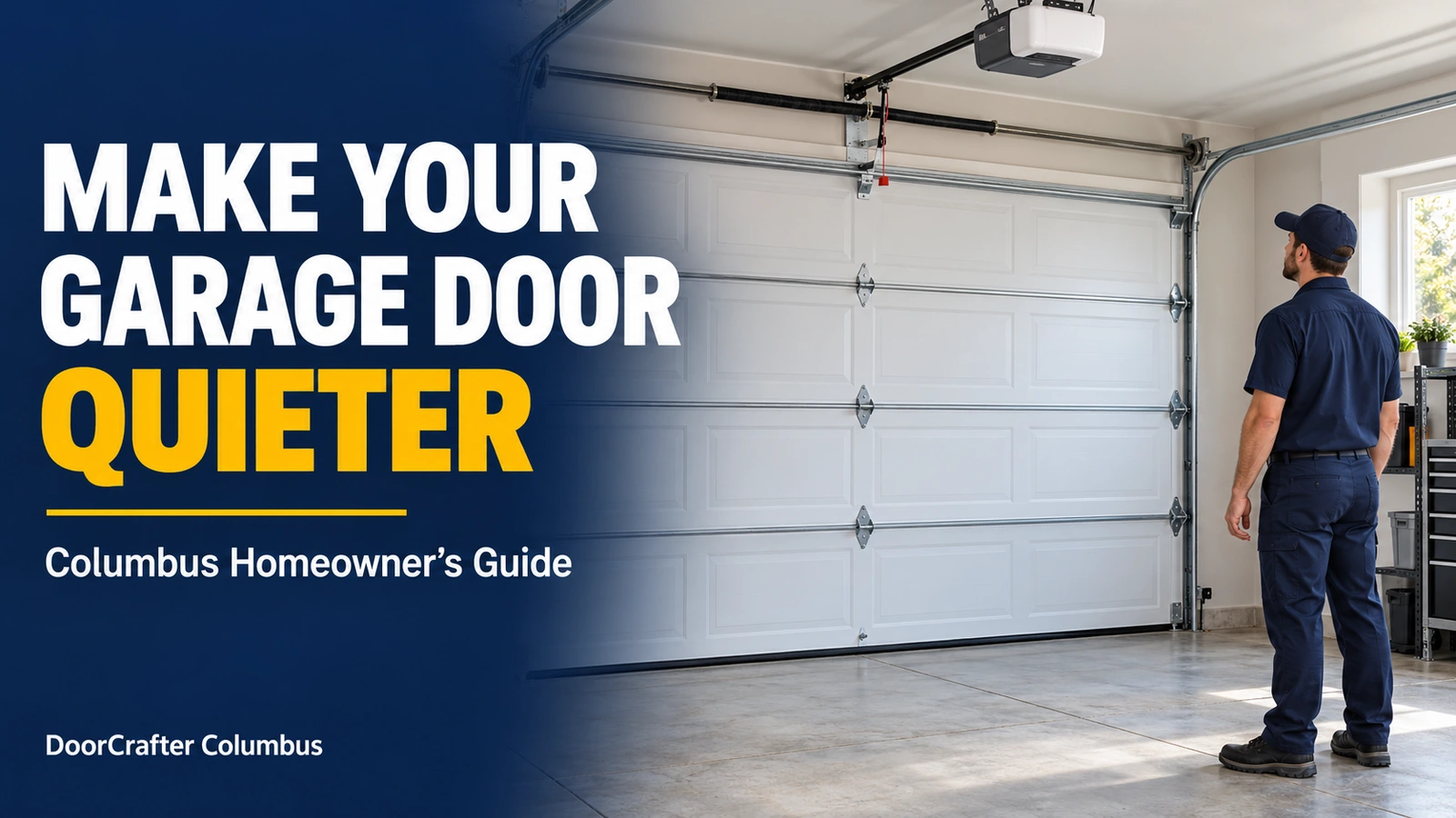 Technician inspecting a closed garage door for the DoorCrafter Columbus quieter garage door guide.
