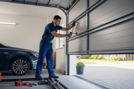 A professional mechanic in a navy blue uniform repairing a modern garage door while a car is parked inside a clean, well-lit residential-style garage, showing expert garage door repair work.