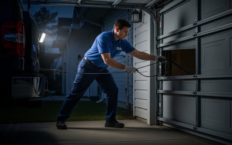 Emergency garage door technician repairing a stuck garage door at night