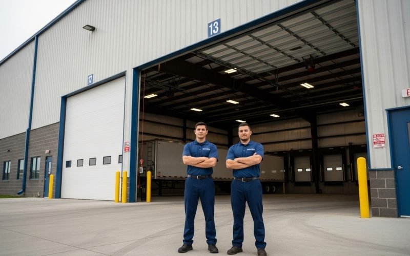 Garage door technicians in full navy blue uniforms standing in front of a large commercial garage in Columbus, Ohio
